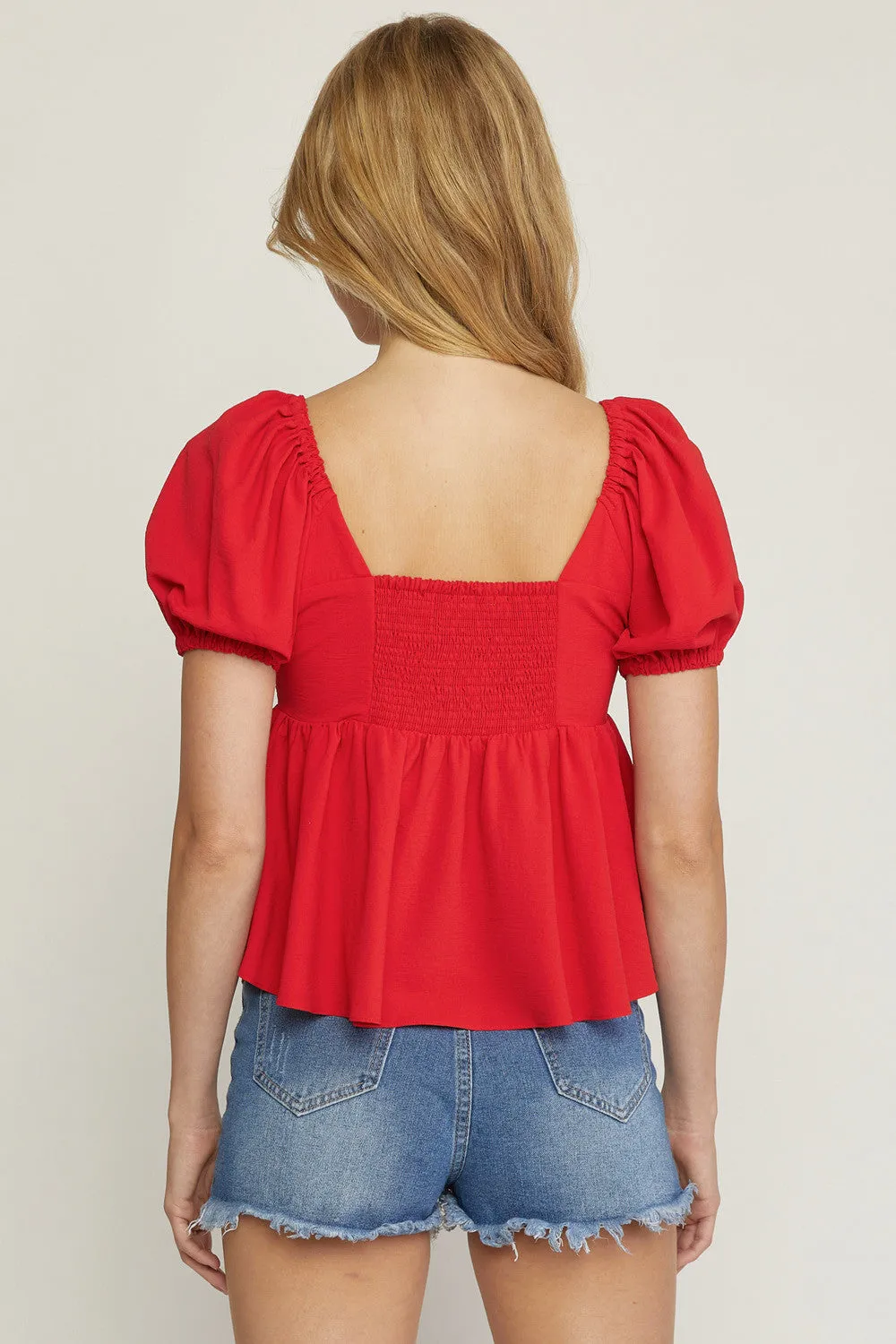 Bubble Sleeve Babydoll Top, Red