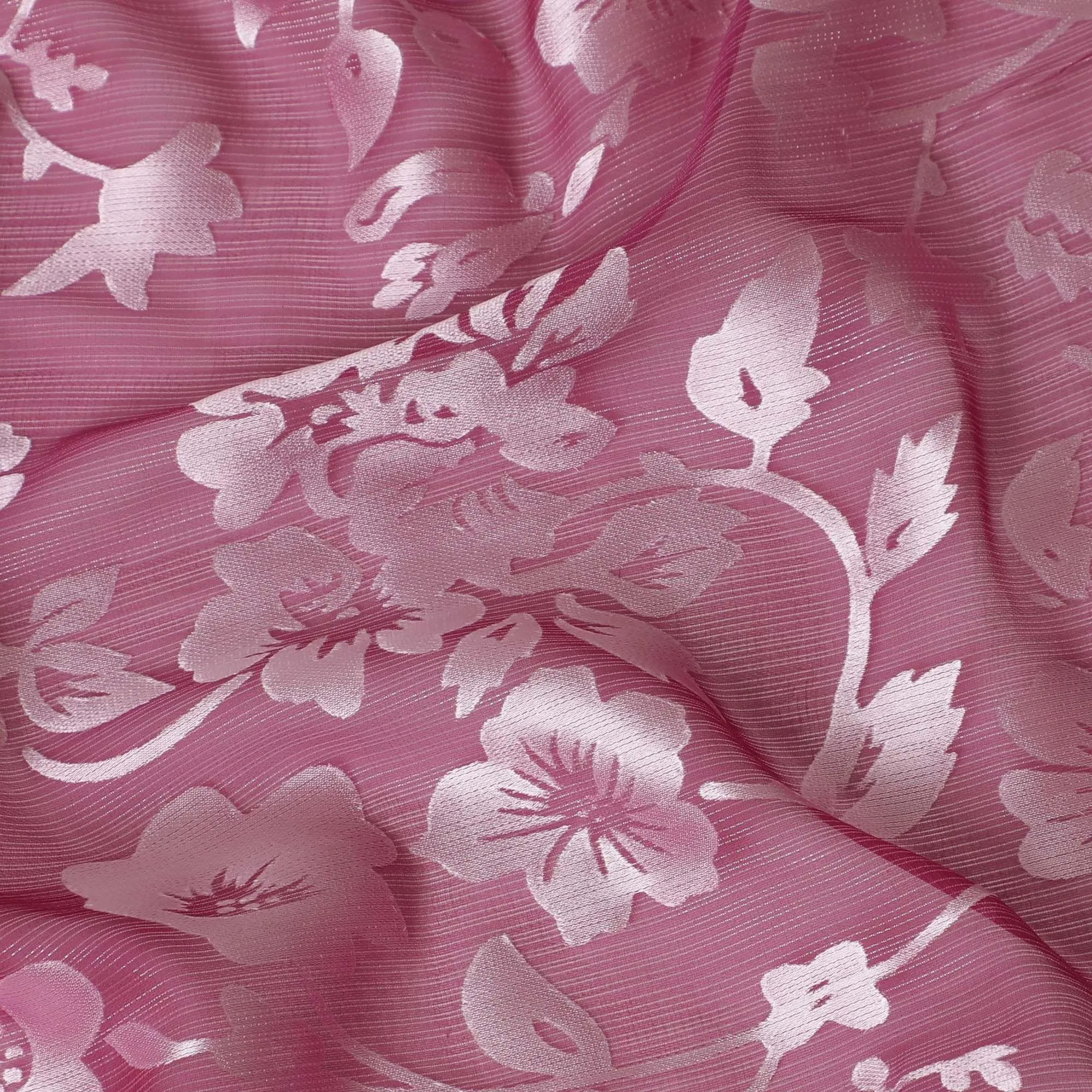 Burgundy Premim pure silk chiffon fabric with silver jacquard in floral design-D15320