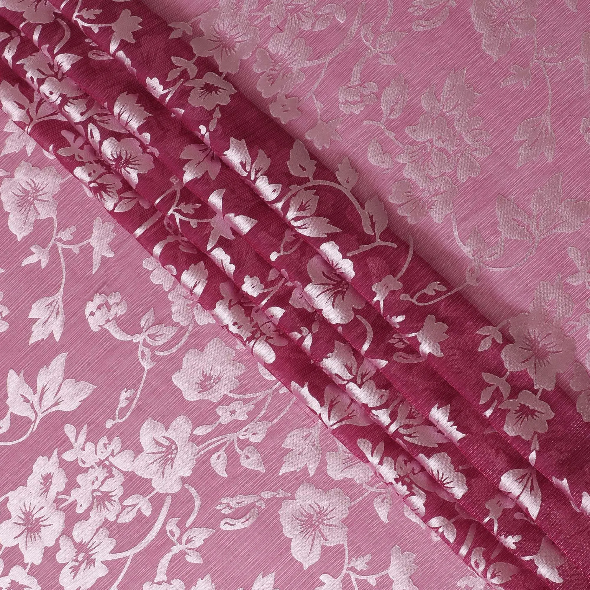 Burgundy Premim pure silk chiffon fabric with silver jacquard in floral design-D15320