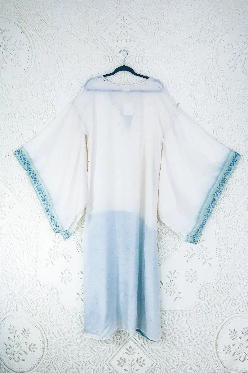 Cassandra Maxi Kaftan -Snowflake Angel in Powder Blue and Crème  - Vintage Sari - Size L/XL