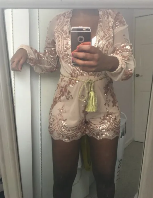 Champagne gold sequined flowers mesh jumpsuit with gold waist rope romper lowest price