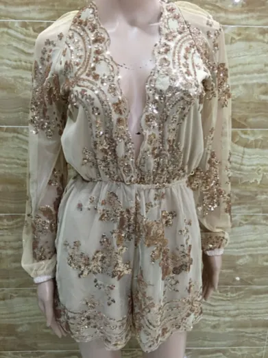 Champagne gold sequined flowers mesh jumpsuit with gold waist rope romper lowest price