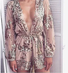 Champagne gold sequined flowers mesh jumpsuit with gold waist rope romper lowest price