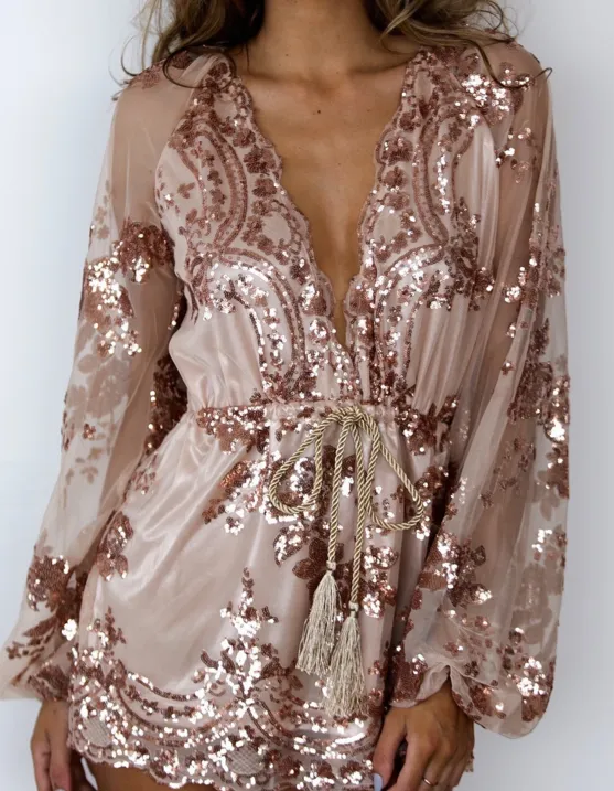 Champagne gold sequined flowers mesh jumpsuit with gold waist rope romper lowest price