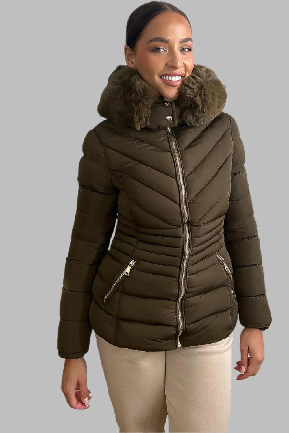 Chevron Quilt Faux Fur Hood Puffer Jacket