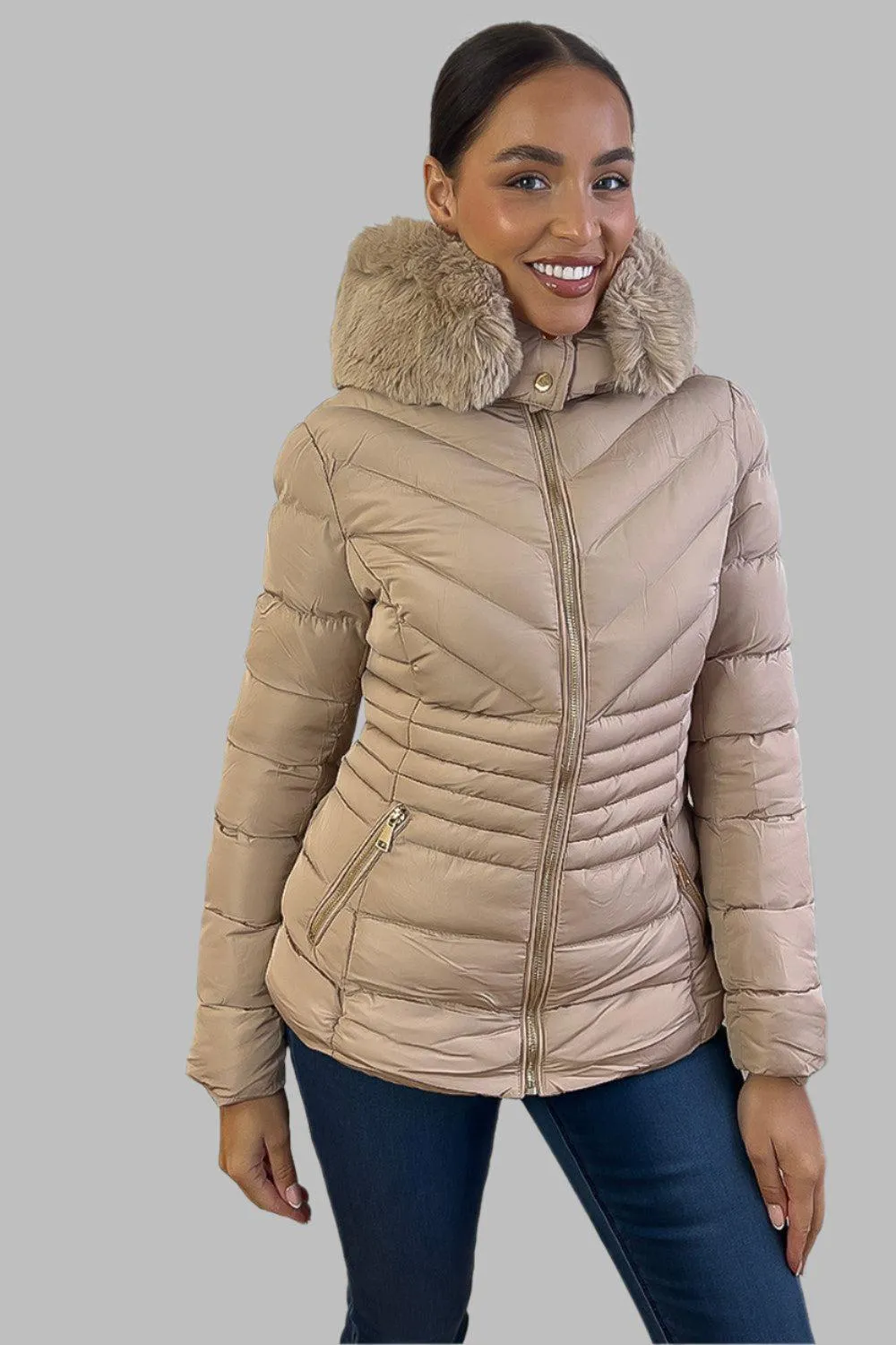 Chevron Quilt Faux Fur Hood Puffer Jacket