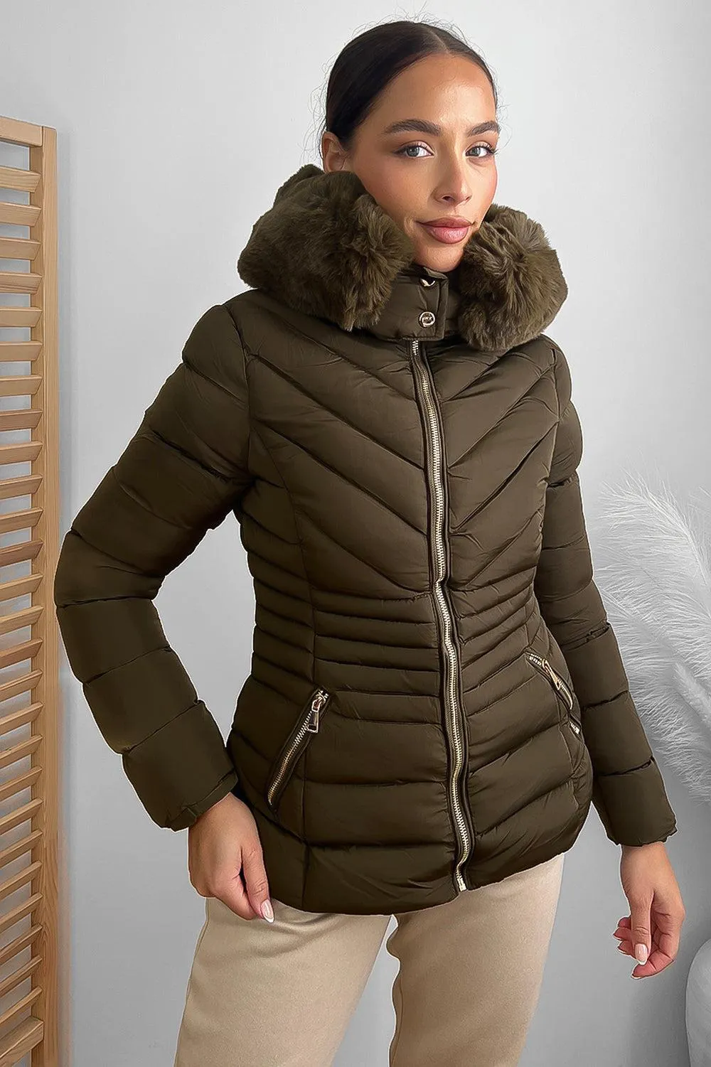 Chevron Quilt Faux Fur Hood Puffer Jacket