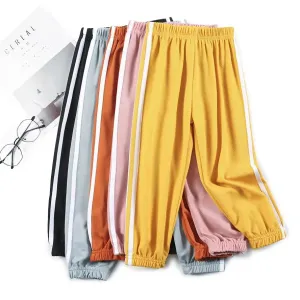 Children Trousers For Boys Girls Linen Elastic Waist Summer Thin Anti-mosquito Breathable Pants Side Stripe Harem Long Pants