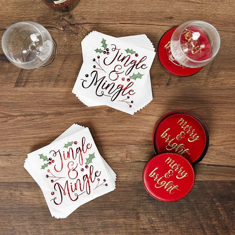 Christmas Cocktail Napkins, Jingle and Mingle Holiday Party Supplies (5 x 5, 50 Pack)