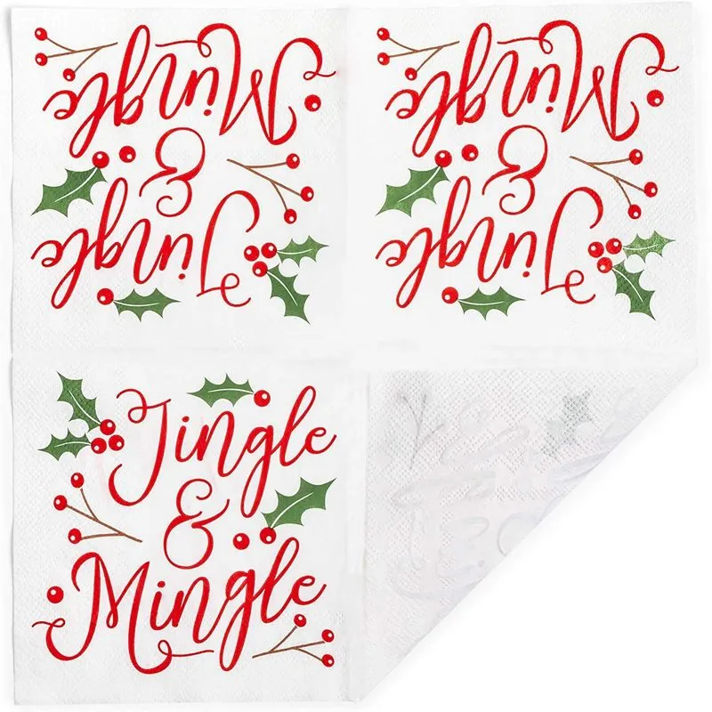 Christmas Cocktail Napkins, Jingle and Mingle Holiday Party Supplies (5 x 5, 50 Pack)