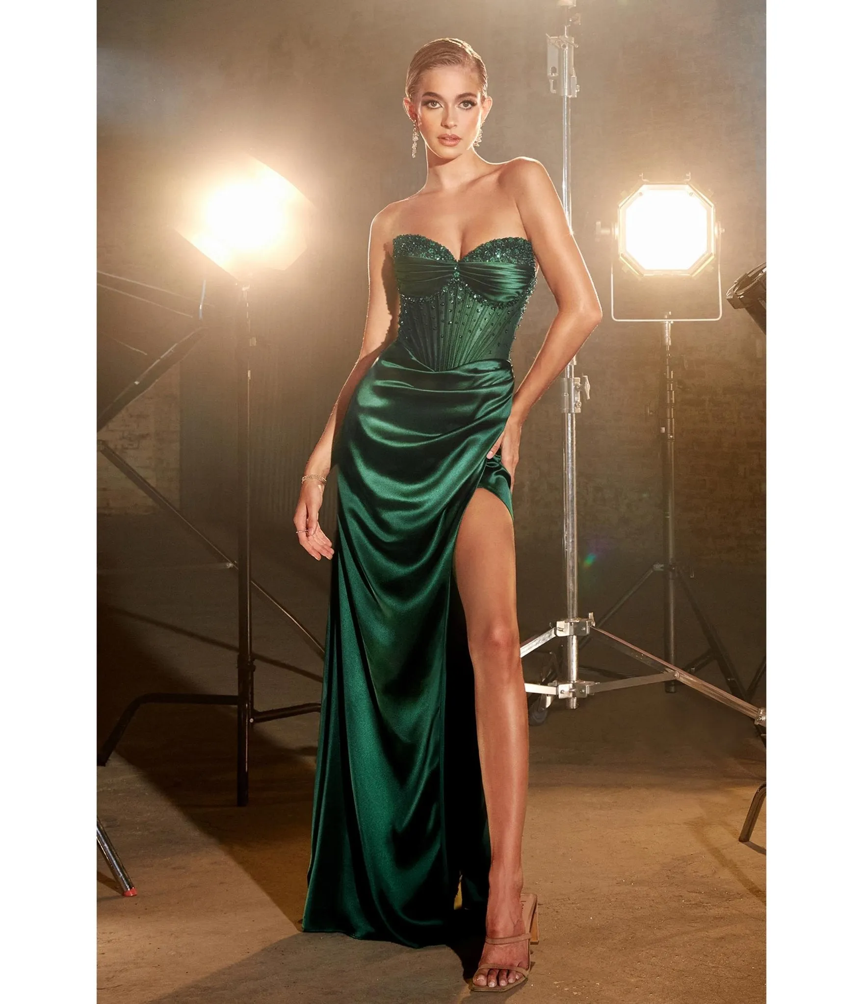 Cinderella Divine  Emerald Beaded Satin Corset Prom Dress