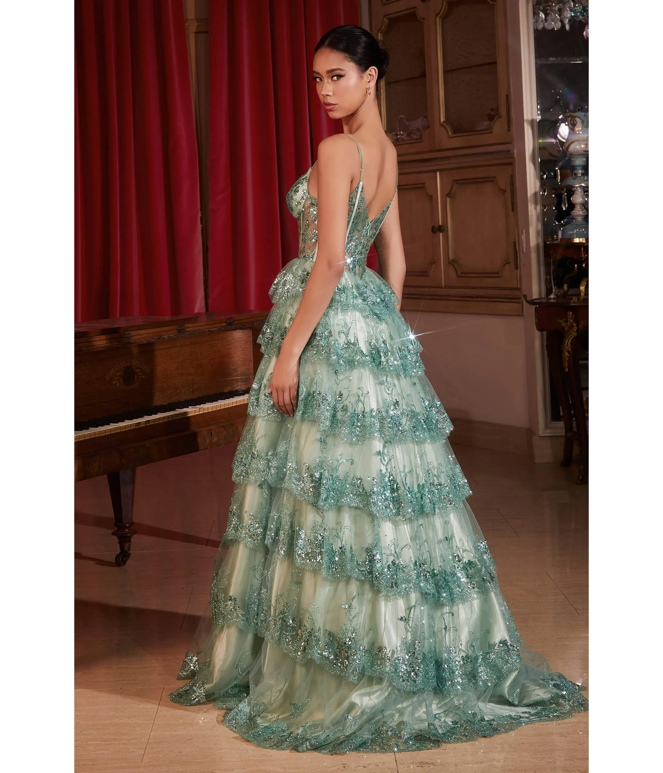 Cinderella Divine Sage Sparkle Tiered Prom Dress