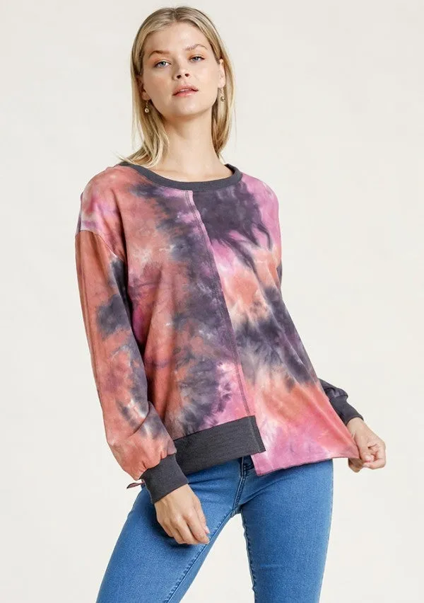 Contrast Trim Tie Dye Top, Mauve