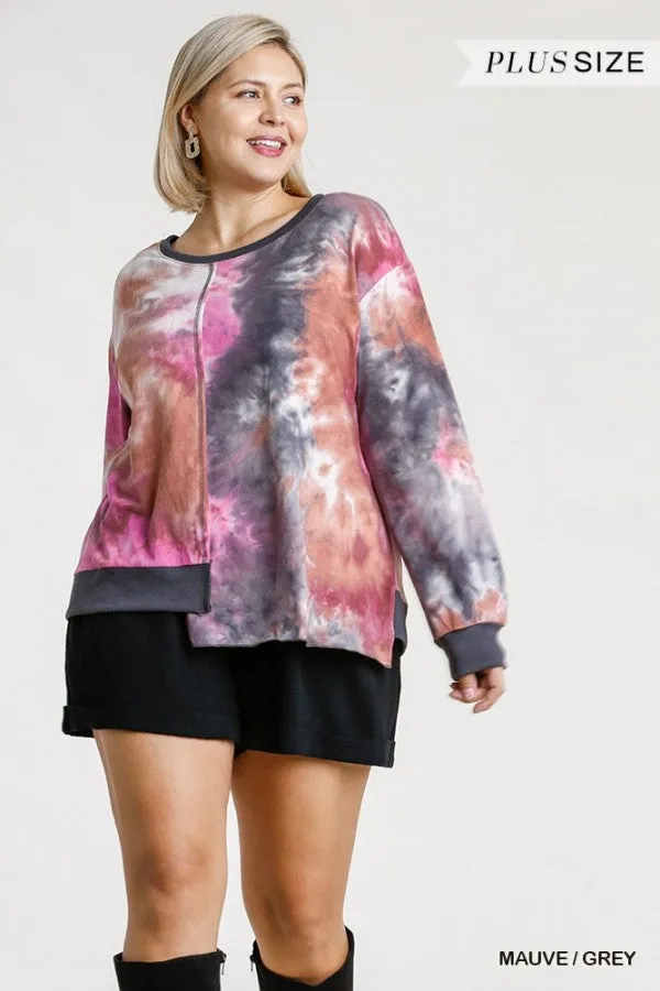 Contrast Trim Tie Dye Top, Mauve