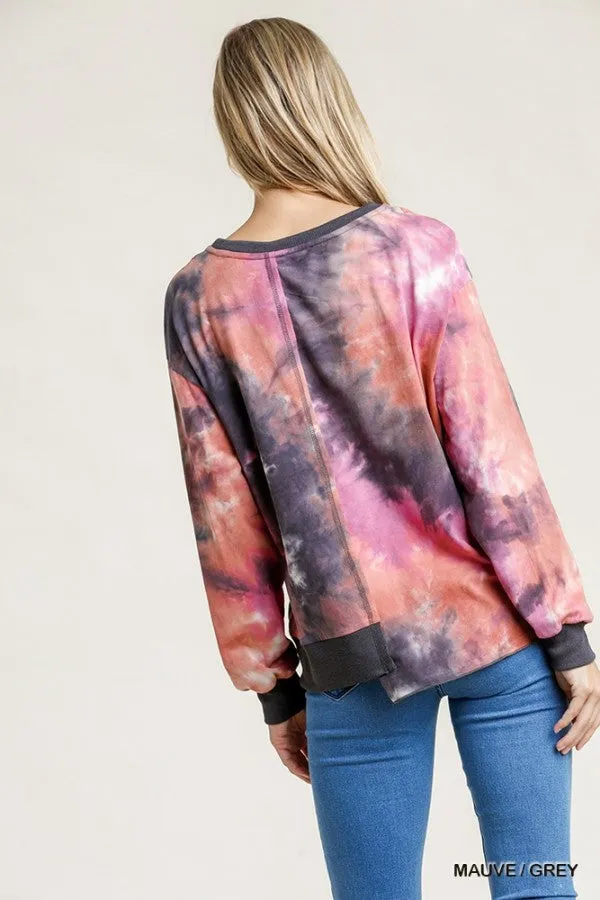 Contrast Trim Tie Dye Top, Mauve