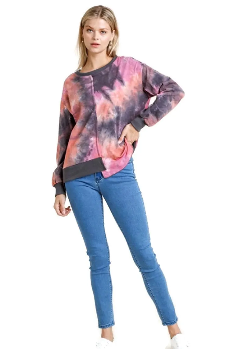 Contrast Trim Tie Dye Top, Mauve