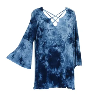 Crossed Tie Dye Bell Sleeve Top, Blue