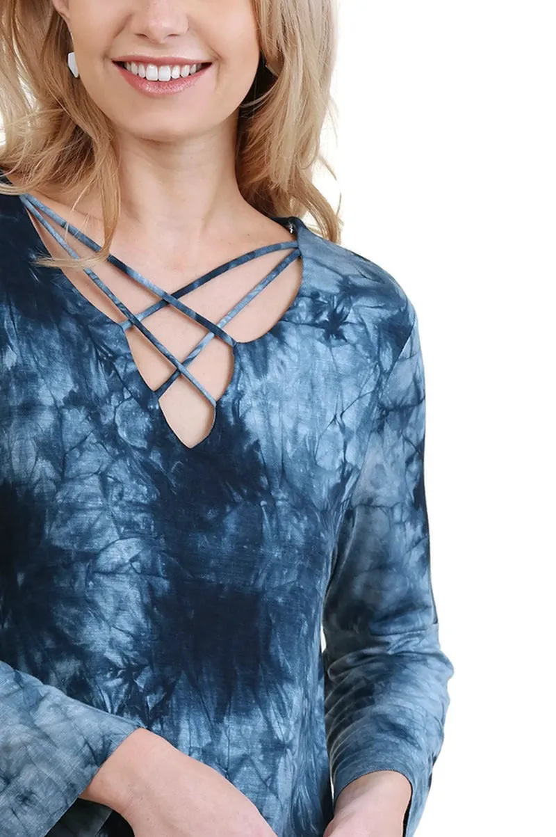 Crossed Tie Dye Bell Sleeve Top, Blue