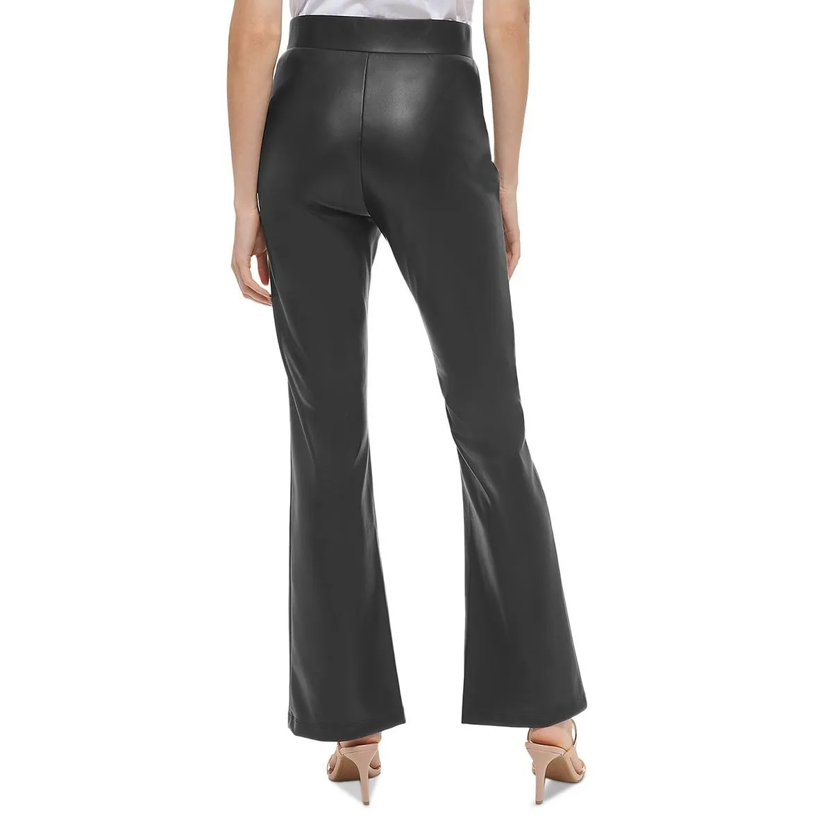 DKNY Womens High Rise Faux Leather Flared Pants