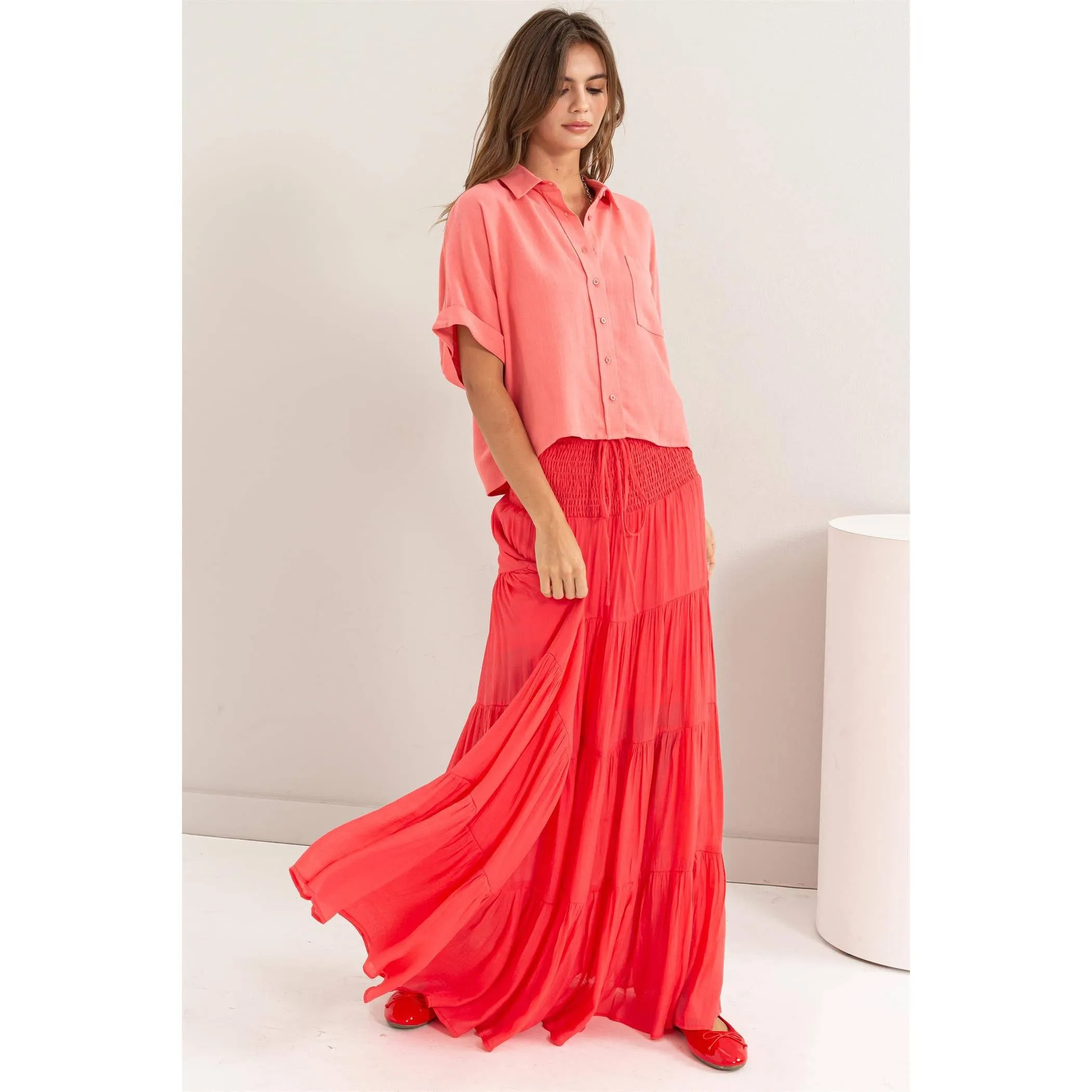 Drawstring Waist Tiered Maxi Skirt