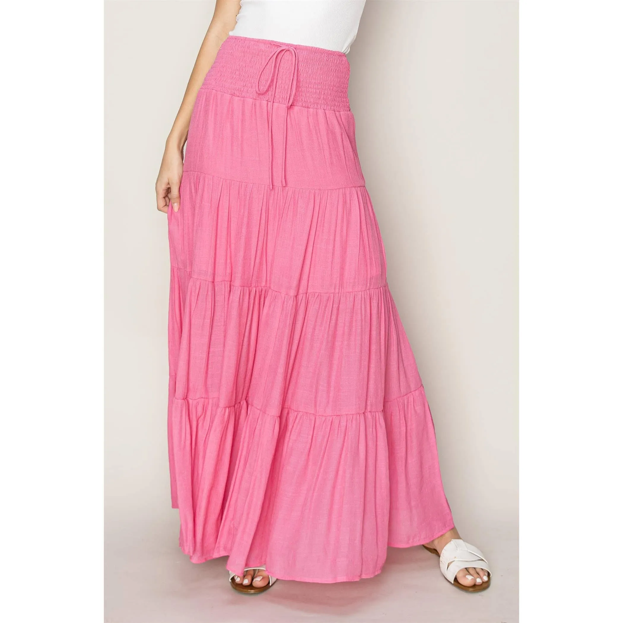 Drawstring Waist Tiered Maxi Skirt