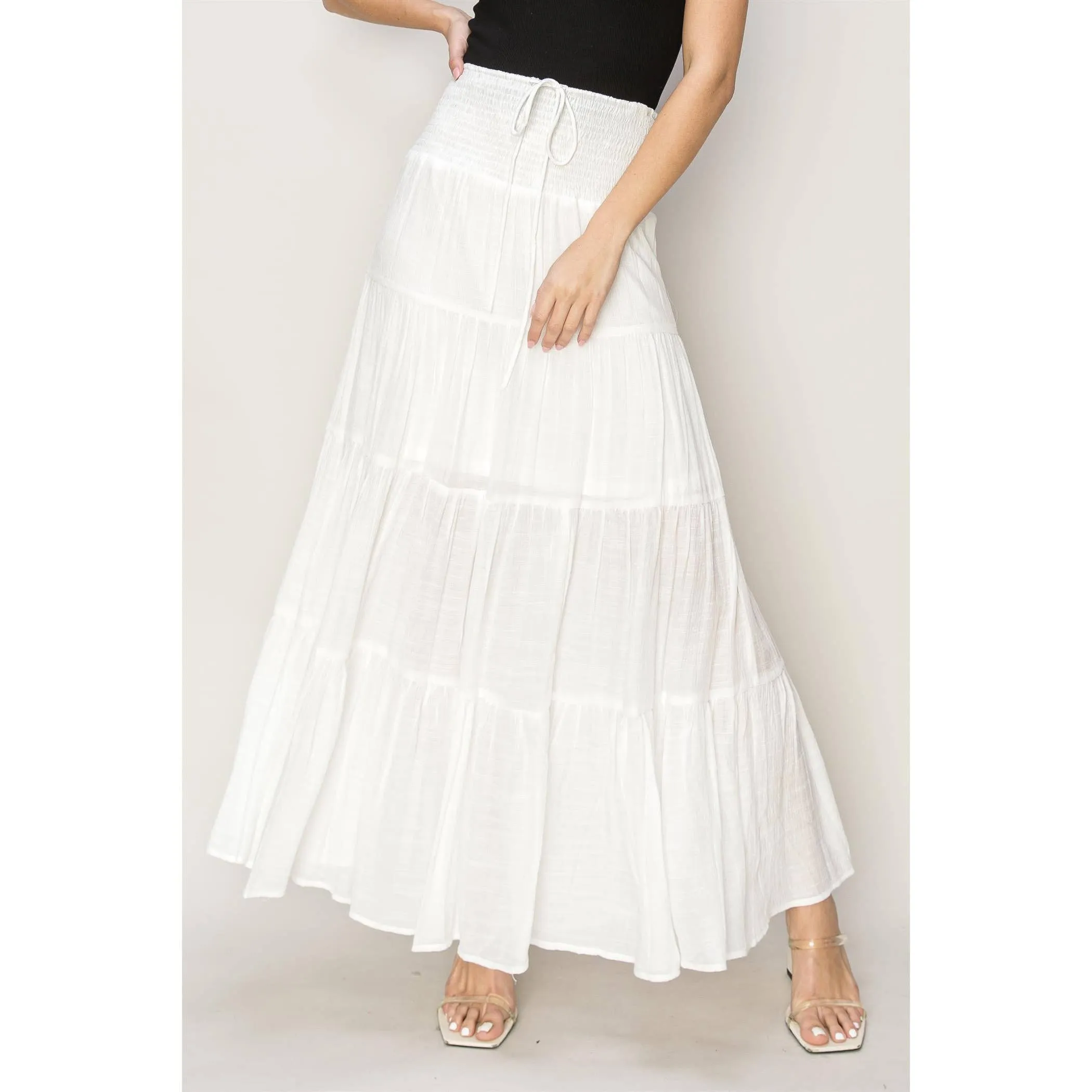 Drawstring Waist Tiered Maxi Skirt