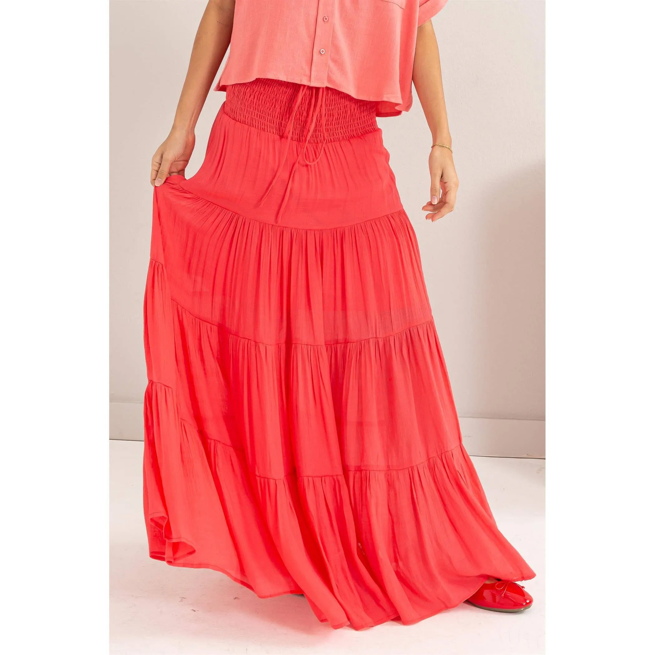 Drawstring Waist Tiered Maxi Skirt