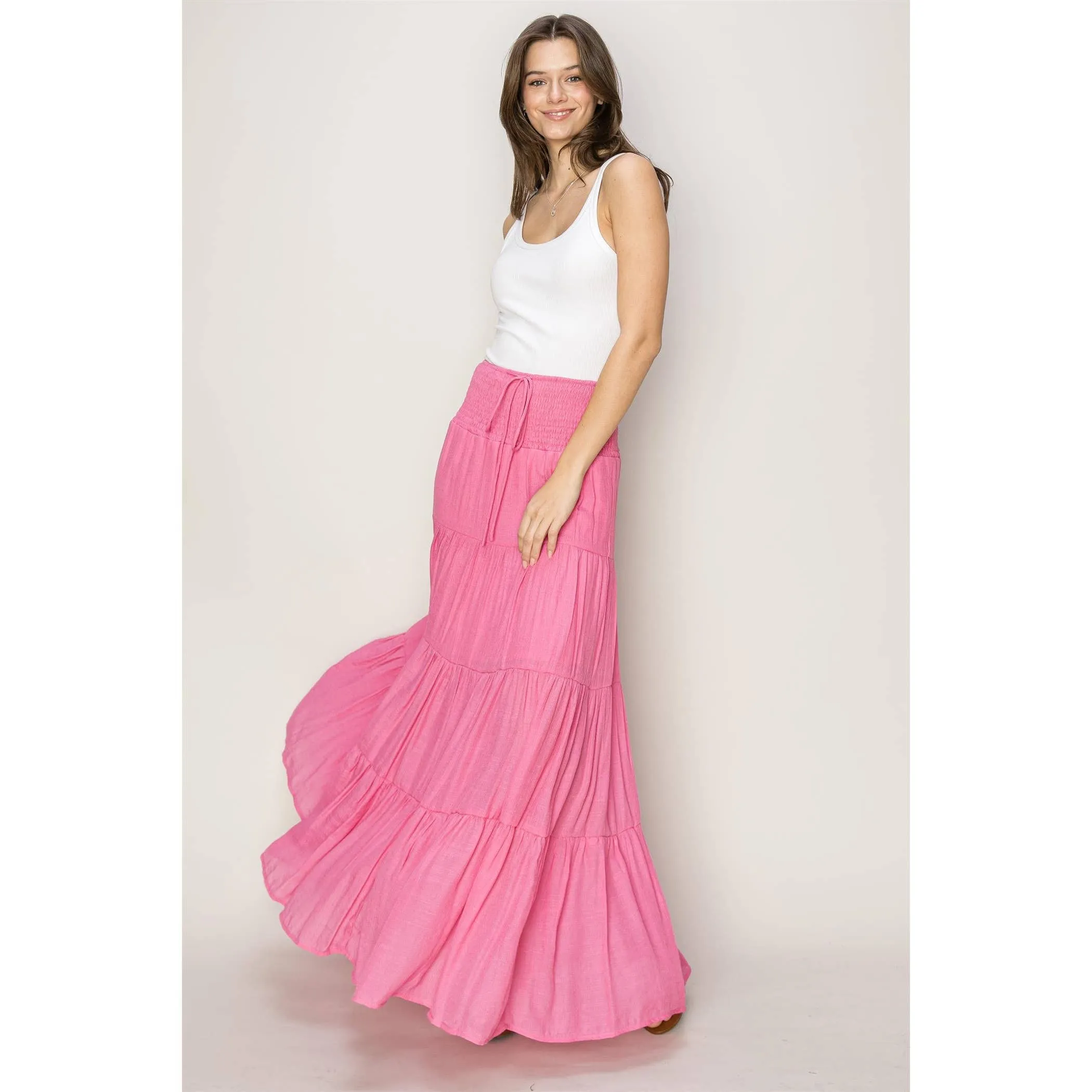 Drawstring Waist Tiered Maxi Skirt