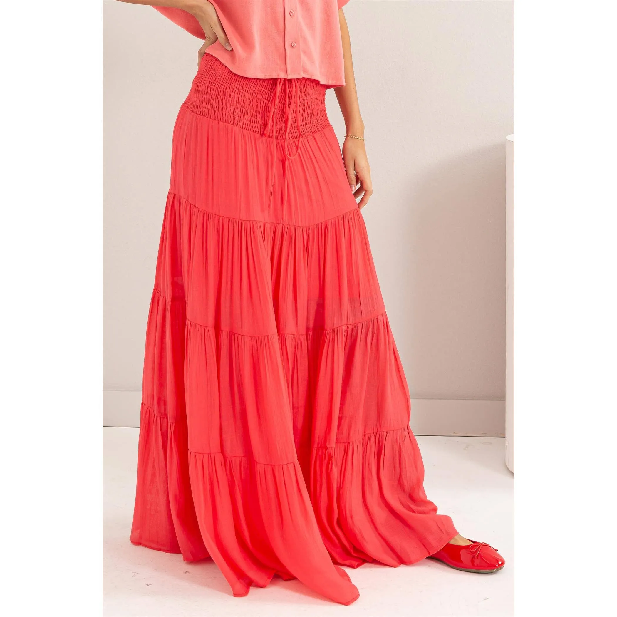 Drawstring Waist Tiered Maxi Skirt