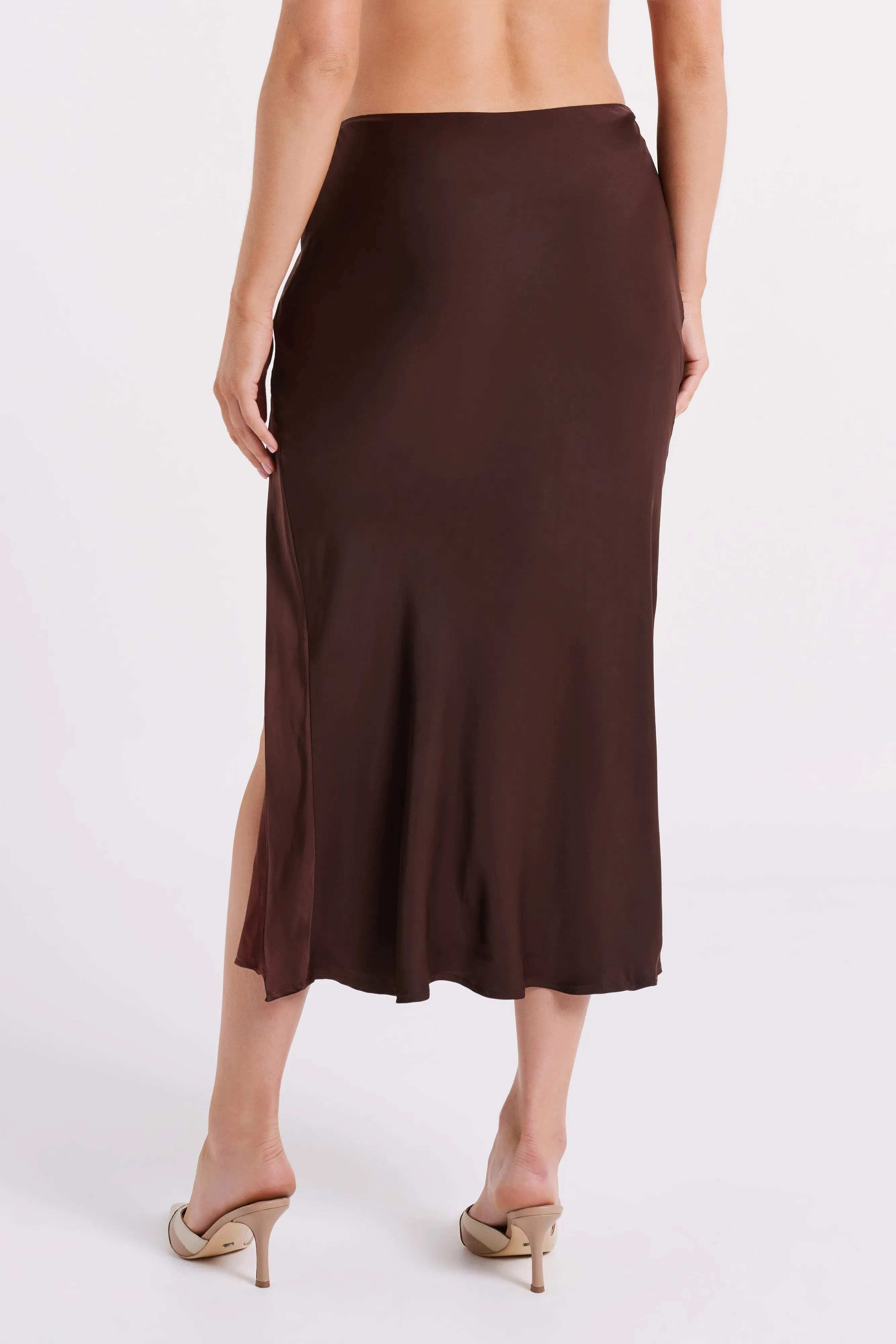 Edie Satin Midi Skirt With Tie - Dark Chocolate