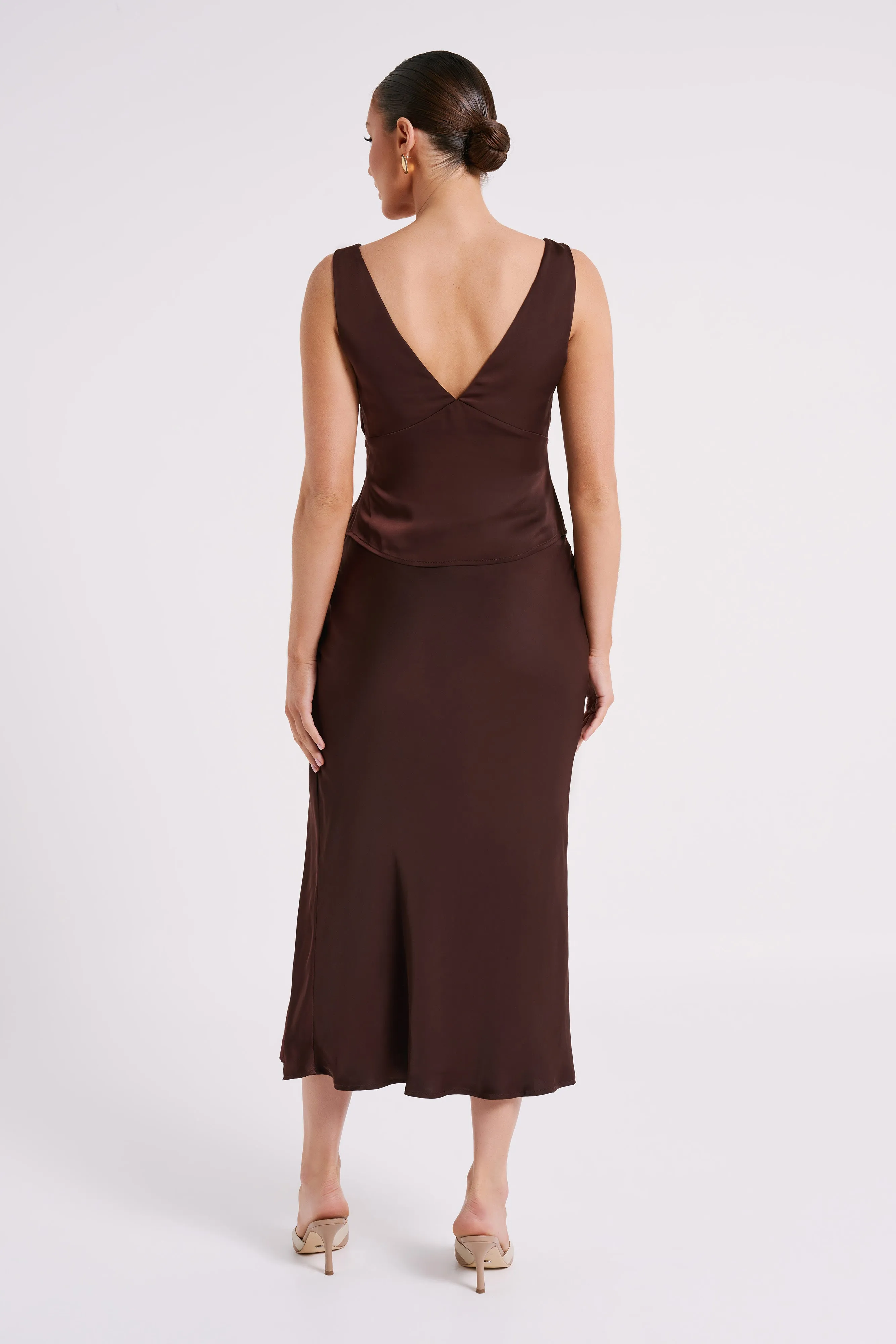 Edie Satin Midi Skirt With Tie - Dark Chocolate