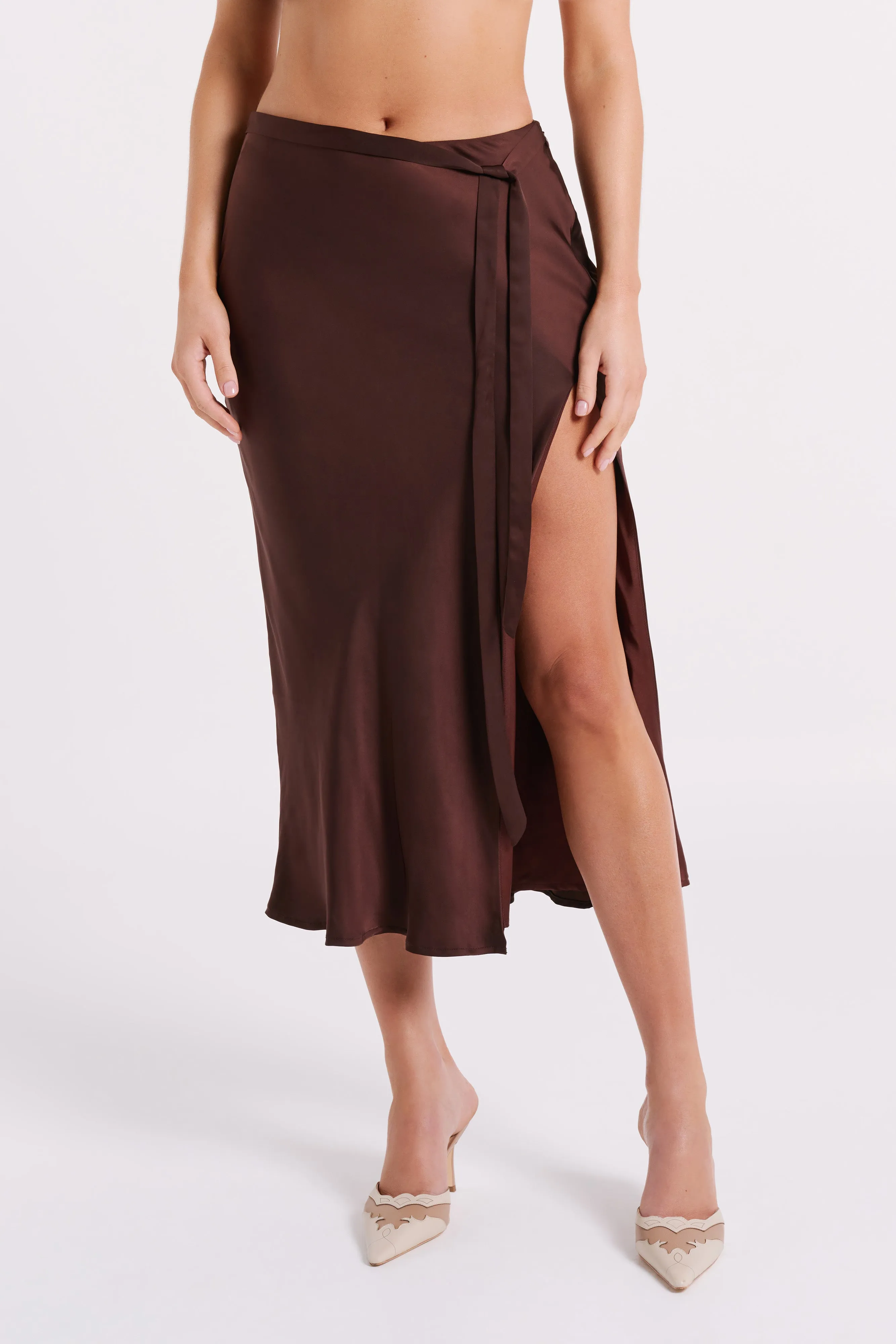 Edie Satin Midi Skirt With Tie - Dark Chocolate