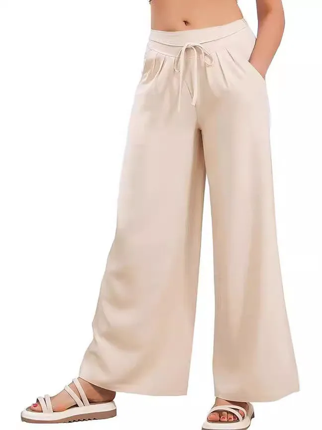 Elastic High Waist Casual Wide Leg Long Palazzo Lounge Pants Trousers