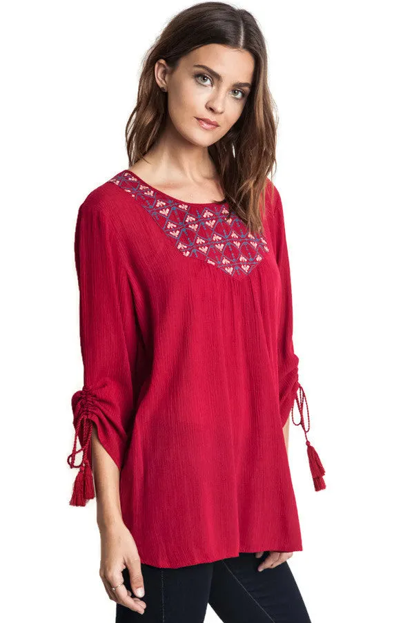 Embroidered Baby Doll Top,  Burgundy