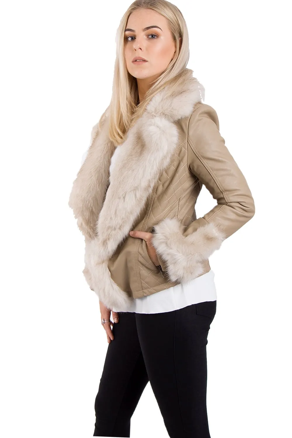 Faux Fur Belted Leather Look Biker Jacket