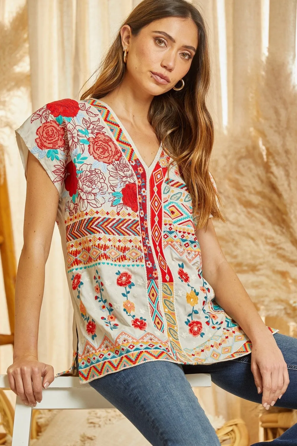 Floral & Aztec Embroidered Top