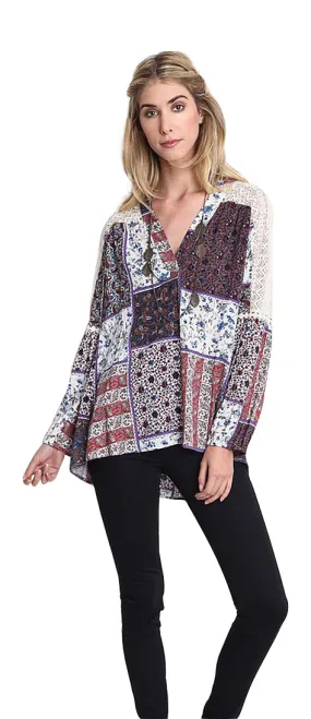 Floral Lace Patchwork Blouse, Blue