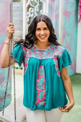 Flutter Sleeve Embroidered Top, Turquoise