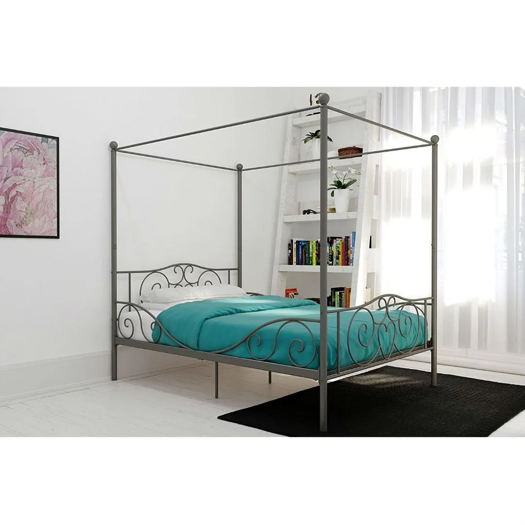 Full size Heavy Duty Metal Canopy Bed Frame in Pewter Finish