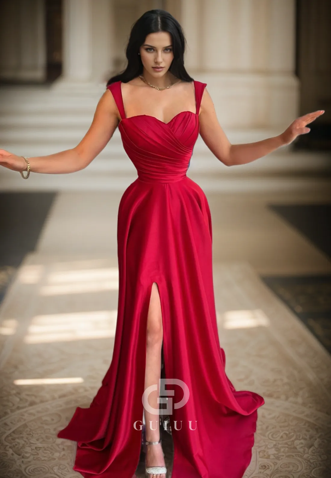 G4729 - A-Line Strapless Straps Sleeveless Pleated Satin Long Prom Dress with Slit