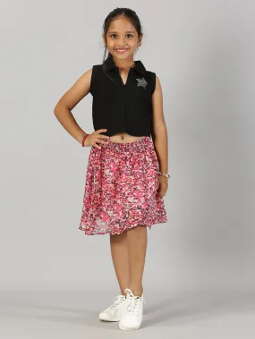 Girls Cropped Embroidery Polo Tee & Smocked Waistband Skirt Set