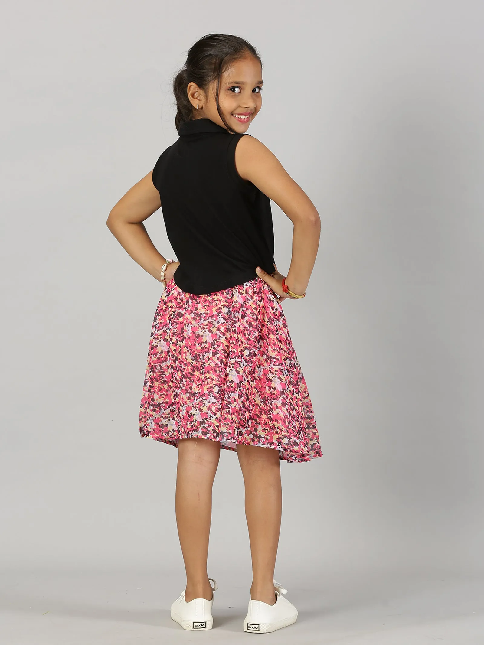 Girls Cropped Embroidery Polo Tee & Smocked Waistband Skirt Set