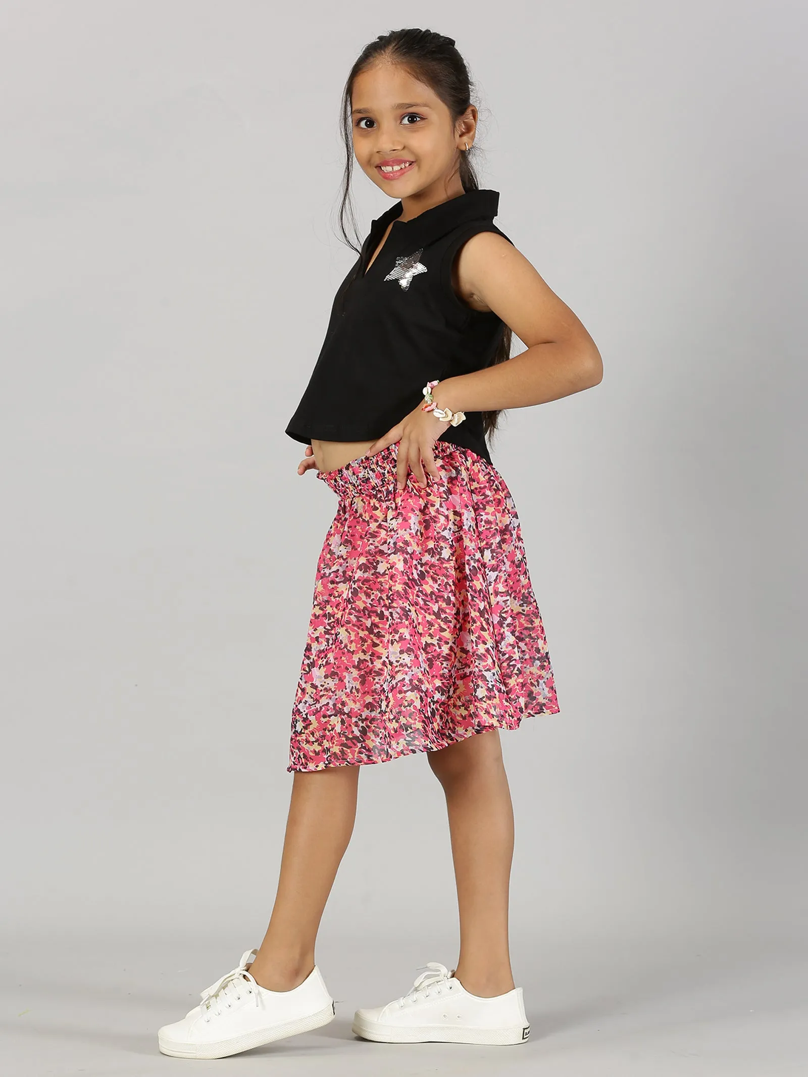 Girls Cropped Embroidery Polo Tee & Smocked Waistband Skirt Set