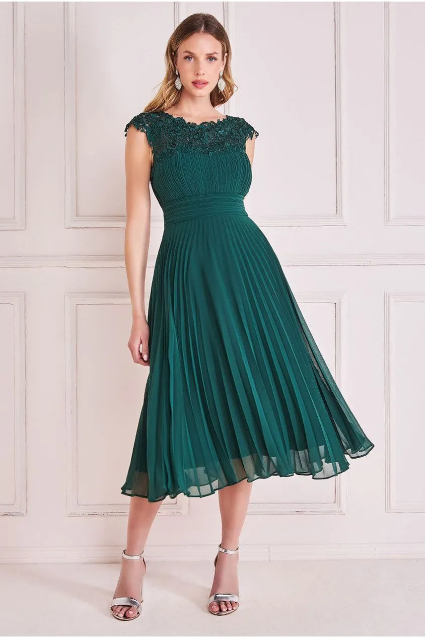 Goddiva Crochet & Pleated Top Midi - Emerald