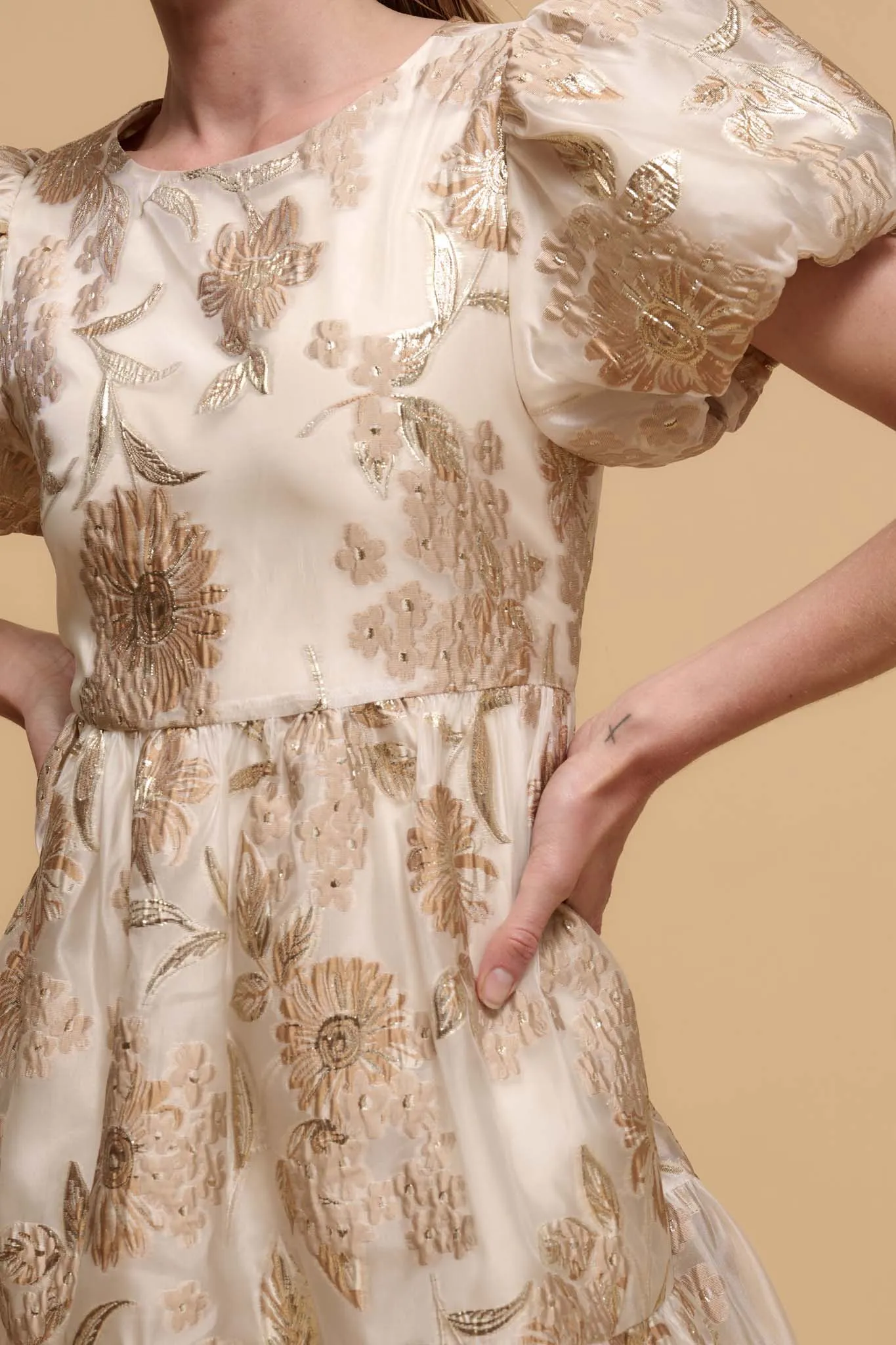 Golden Grove Metallic Floral Brocade Mini Dress