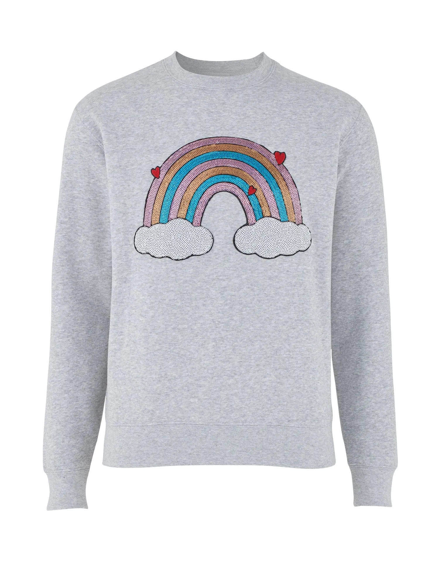 Grey Jersey Unisex Sequin Sweater - Rainbow Cloud Mini Hearts