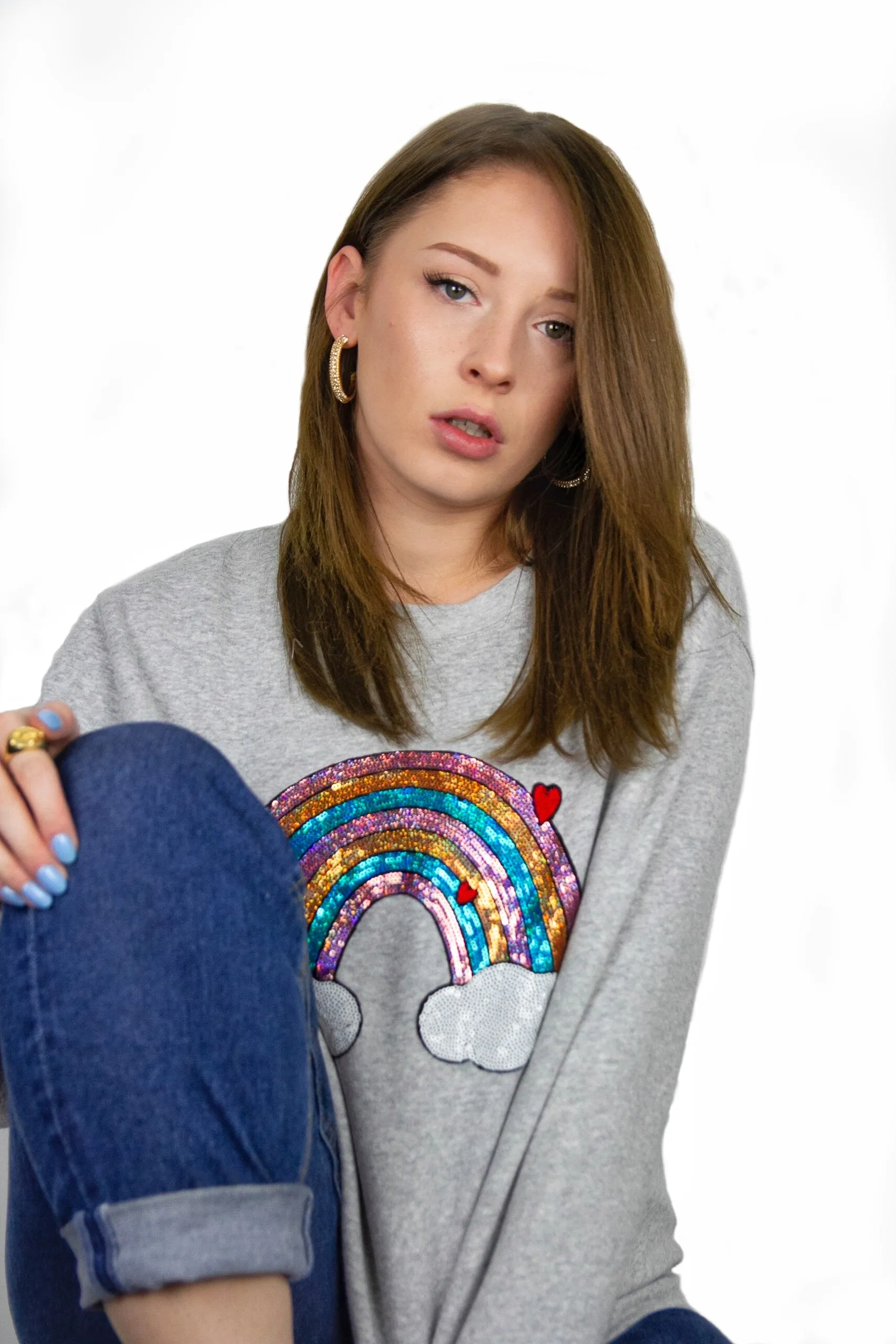 Grey Jersey Unisex Sequin Sweater - Rainbow Cloud Mini Hearts