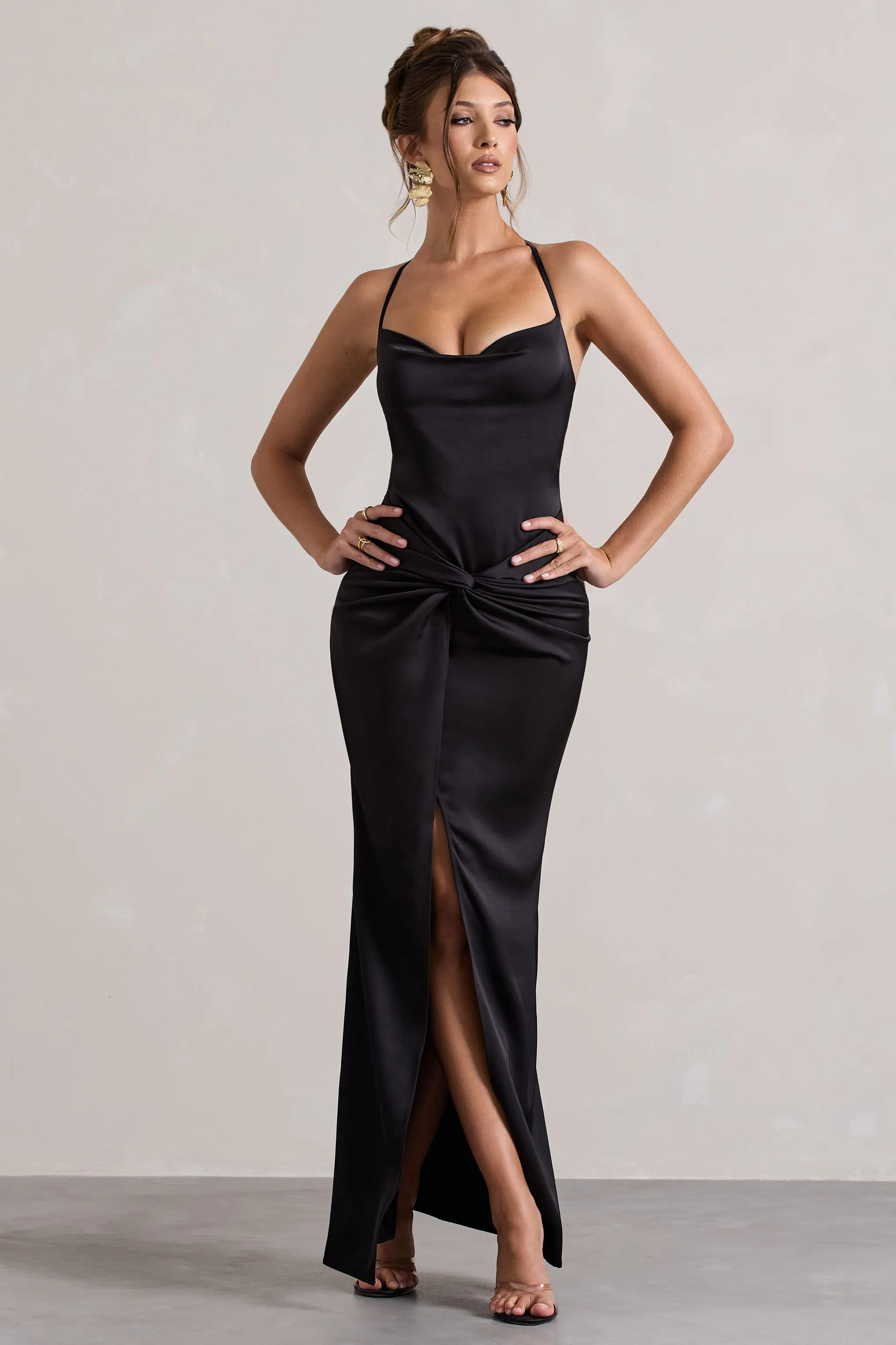 Hermosa | Black Satin Cowl-Neck Twisted Split Maxi Dress