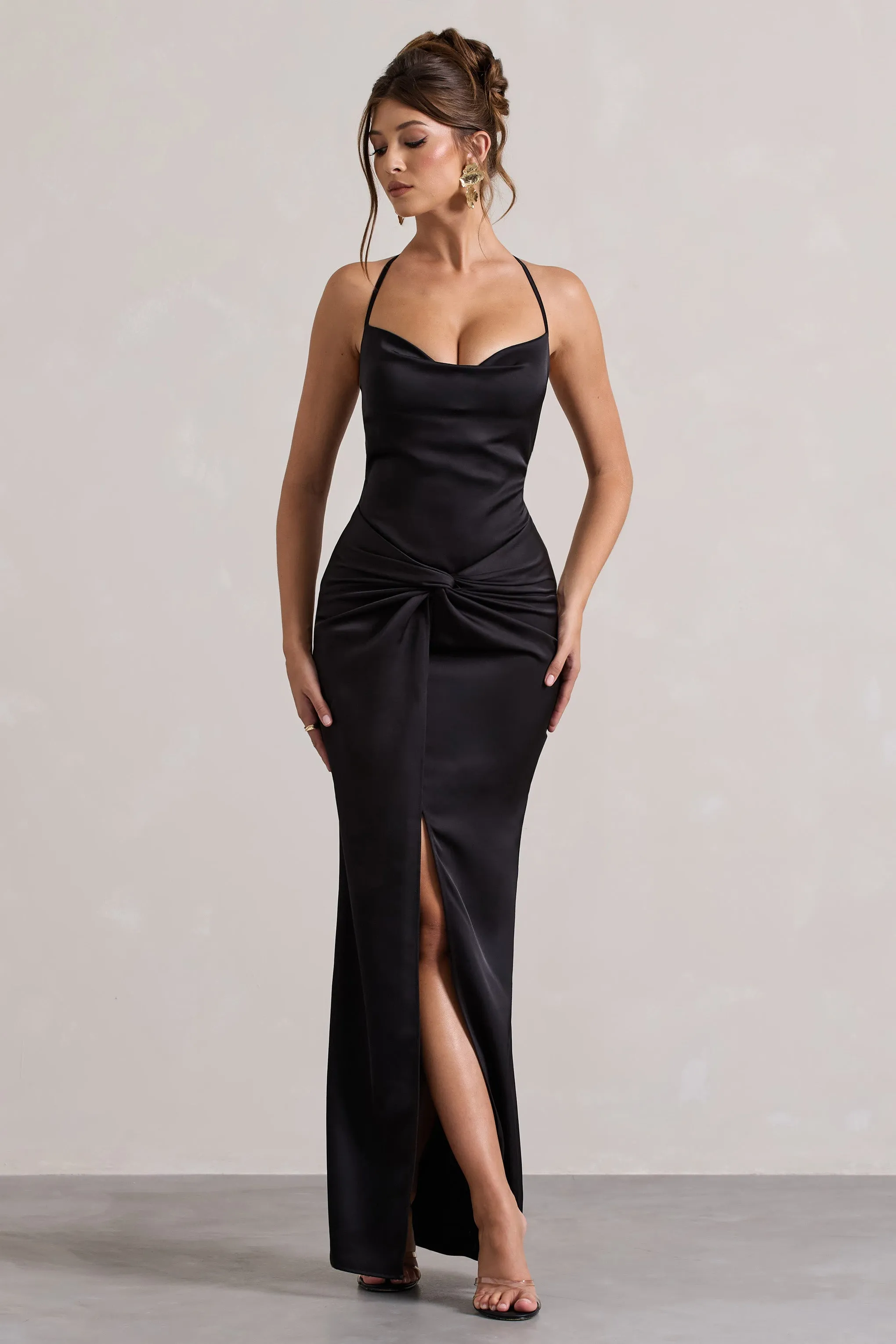 Hermosa | Black Satin Cowl-Neck Twisted Split Maxi Dress