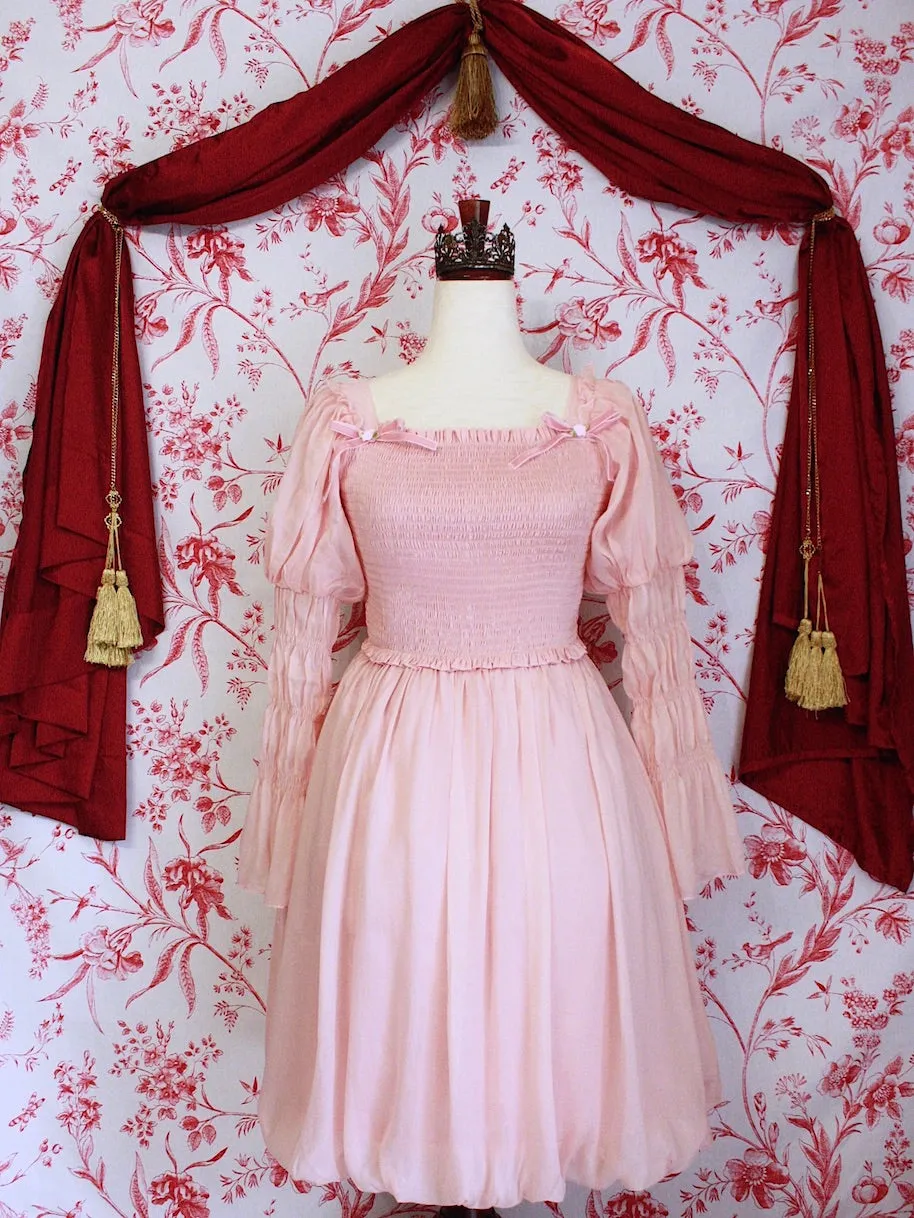 Historically Inspired Virago Sleeve Mini Dress with Bow Appliques in Ballerina Pink